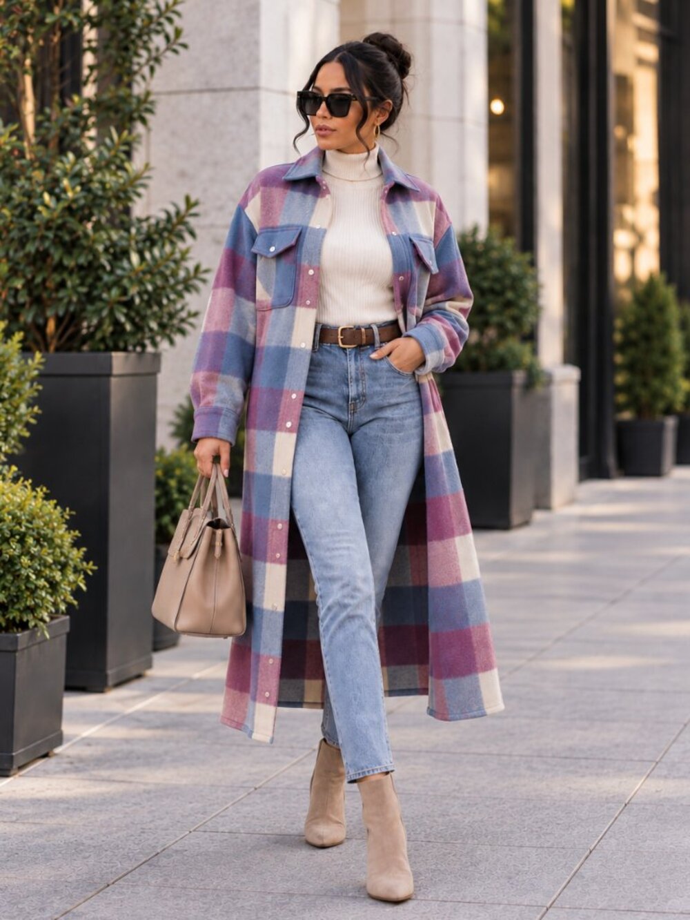 Oversized Fleece Plaid Long Shacket Coat